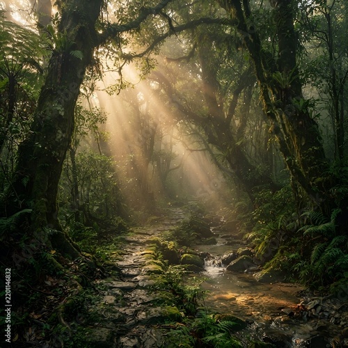 A mystical forest where light streams down.