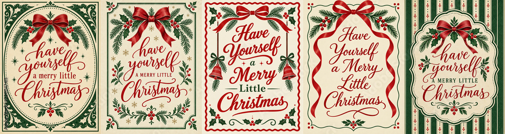 Fototapeta premium Have yourself a merry little Christmas card set of 5. Traditional vintage holiday typography greeting cards bundle with red bows, bells, and pine wreath