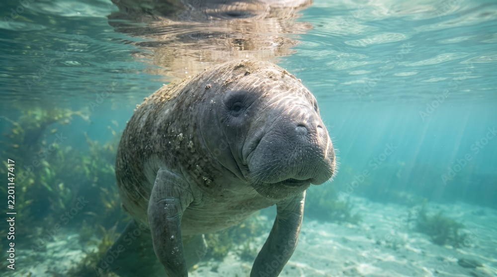 Fototapeta premium Close up of a manatee swimming near the surface in clear tropical ocean water today underwater