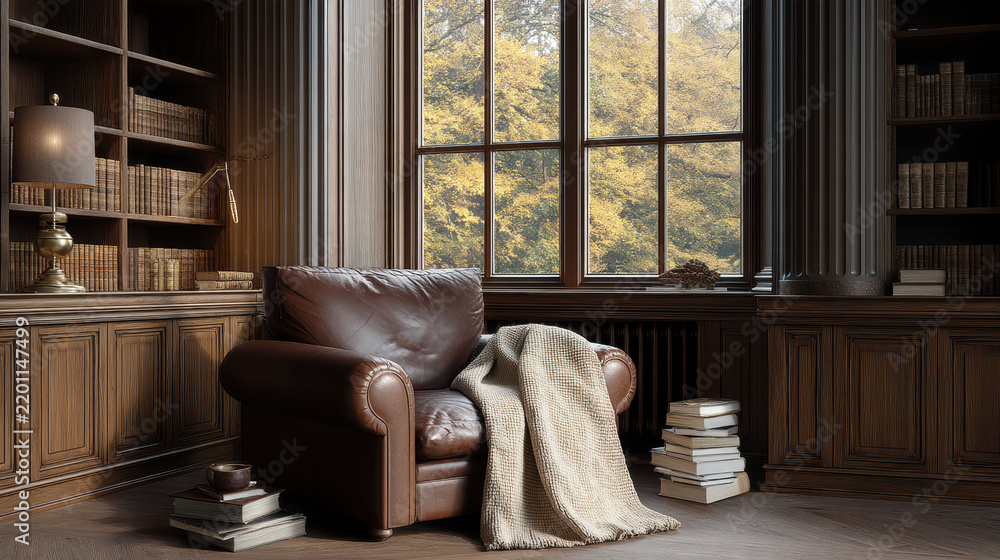 Obraz premium Leather armchair cozy blanket wooden bookshelf large window autumn view elegant country warm light peaceful