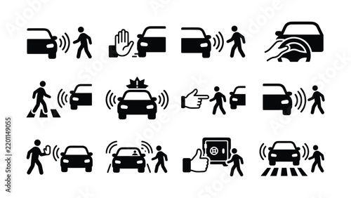 Collection of icons showing various pedestrian and vehicle interaction scenarios