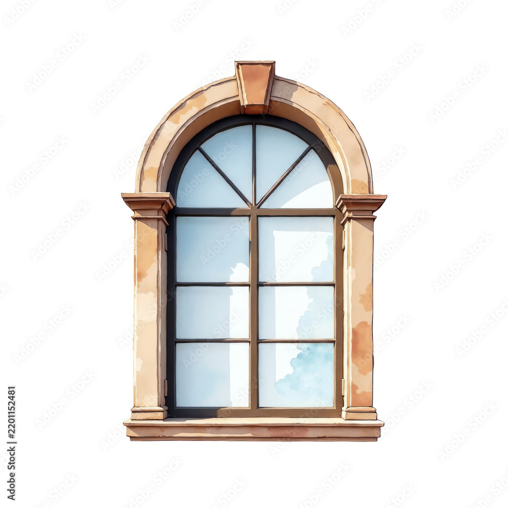 Obraz premium Elegant historical arched window with stone frame and clear glass panes on white background