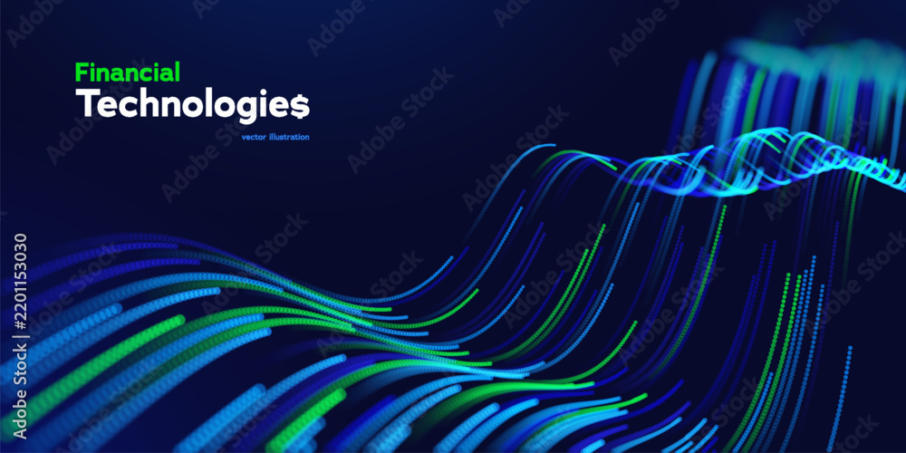 Obraz premium Financial Technology Flow With Glowing Abstract Digital Waves Representing Fintech Innovation, Business Investment, Financial Growth, Connected Data Motion On A Dark Background. Vector Illustration
