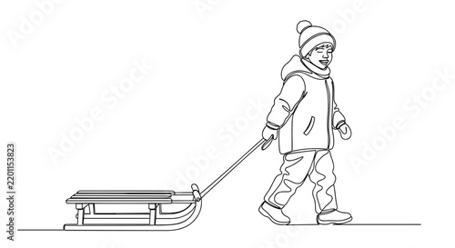 Child pulling an empty sled while walking in winter