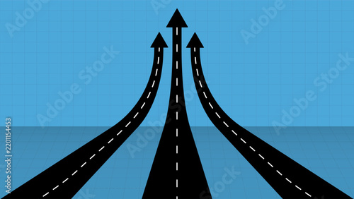 Minimalist business of three black road arrows moving upward on a blue grid background for success
