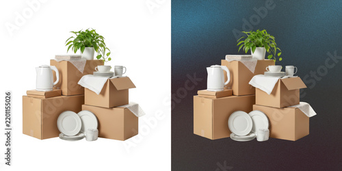 Stack of cardboard moving boxes with household kitchen items and plants.
