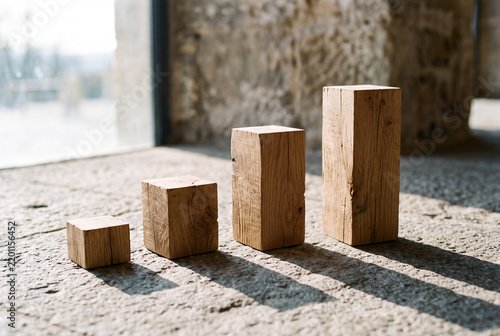Crescita e progresso graduali rappresentati da blocchi di legno. Grafico a barre ascendente in legno su superficie in pietra, concetto di sviluppo aziendale, luce naturale