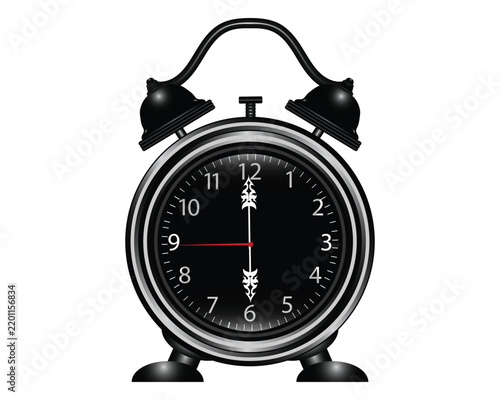 A circular vector design of an alarm clock or classic analog clock, predominantly black with red and white hands, showing the time as 6:00 AM.