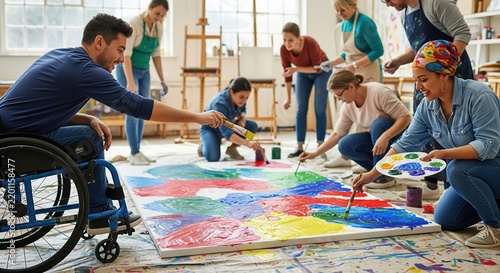 Diverse Group of Adults Including a Man in a Wheelchair Collaborating on a Large Abstract Painting in an Art Workshop Studio