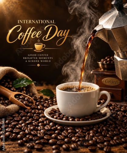 Freshly brewed coffee pouring into a cup during International Coffee Day with roasted beans scattered around