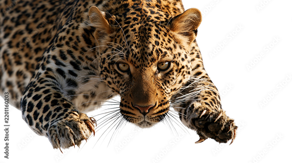 Fototapeta premium Leaping leopard with spotted fur and sharp claws in aggressive pouncing pose