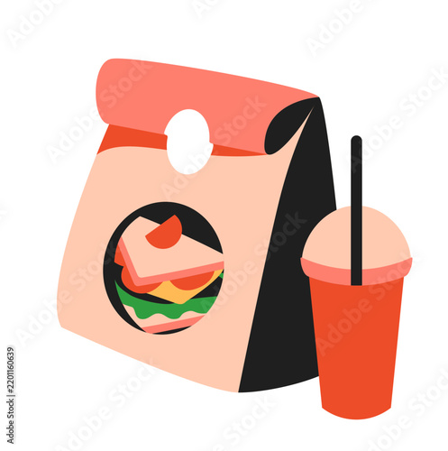 Takeaway Food Bag with Burger Flat Vector Illustration