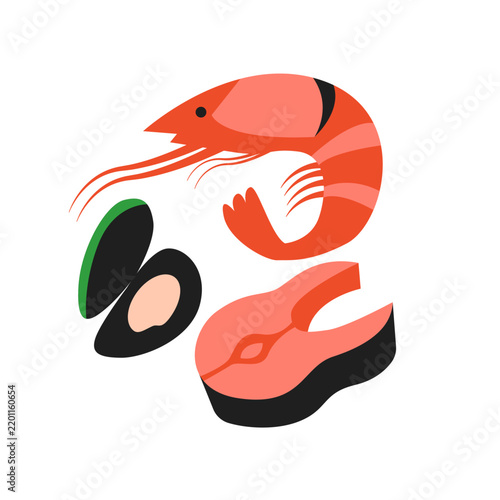 Seafood Assortment Flat Vector Illustration - Shrimp Icon