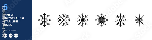 Snowflake and Star Line Icons Set, Winter Holiday Design, Svg Icons, Minimalist Illustration, Graphic Design Elements.