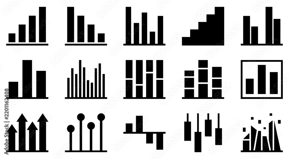Fototapeta premium A collection of various business bar graph icons presented as a clean black and white vector lineart illustration set
