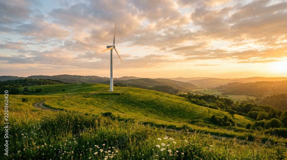 Obraz premium Wind turbine on green hillside during sunset with natural light and copy space