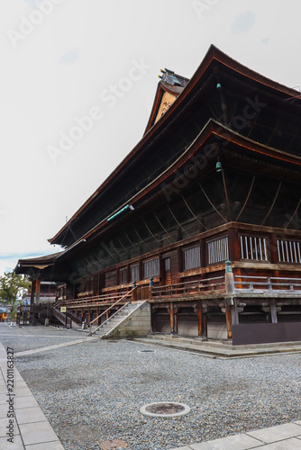 Temple courtyard and historic wooden halls at Zenko-ji Temple in Nagano Prefecture, Japan