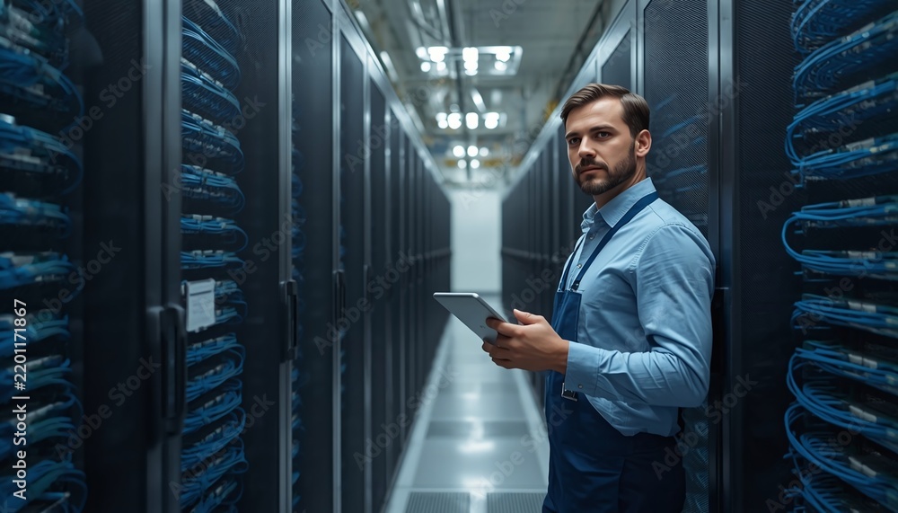 Fototapeta premium IT Network Engineer Holding Tablet in Modern Data Center Server Room Corridor