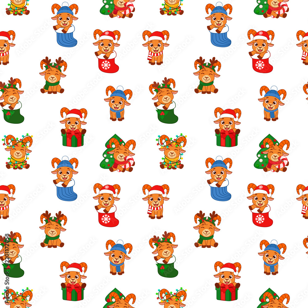 Obraz premium Seamless pattern with small cute Christmas goats isolated on transparent background