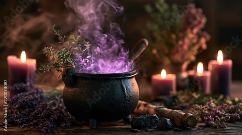 Black iron cauldron bubbling with magical purple mist surrounded by glowing purple candles