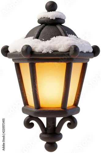 A vintage street lamp covered with soft white snow glowing with warm light for winter christmas atmosphere