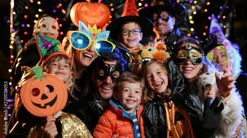 Cheerful group of people wearing festive Halloween costumes and playful props at a party booth