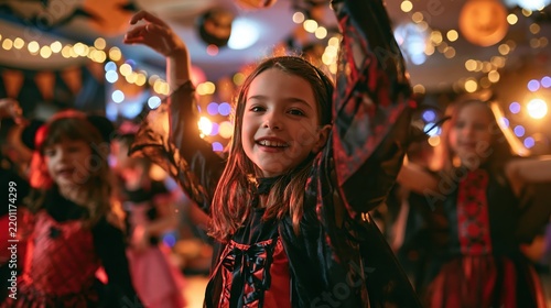 Happy children in festive costumes dancing together at a vibrant Halloween party celebration