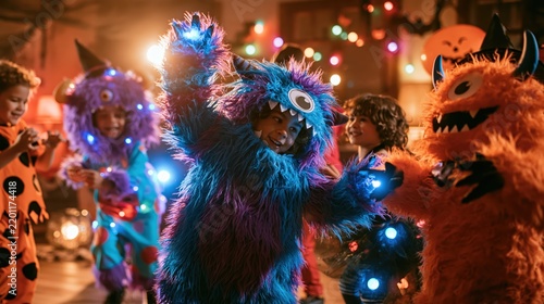 Joyful children in colorful monster costumes celebrating a festive Halloween party indoors