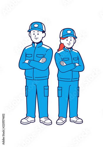 Male and Female Delivery Workers Standing Side by Side with Arms Crossed