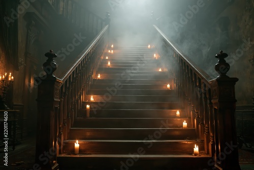 An old wooden staircase illuminated by flickering candles disappearing into a dense dark fog
