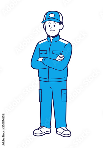 Full-Body Male Delivery Worker Standing Confidently with Arms Crossed