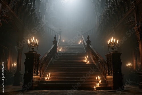 Grand wooden staircase illuminated by flickering candles in a dark and mysterious mansion hall