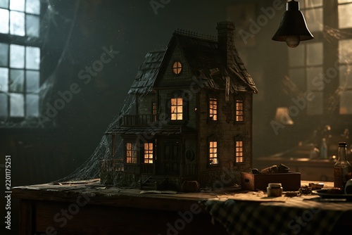 A miniature spooky abandoned dollhouse glowing on a rustic wooden table in a dark dusty room