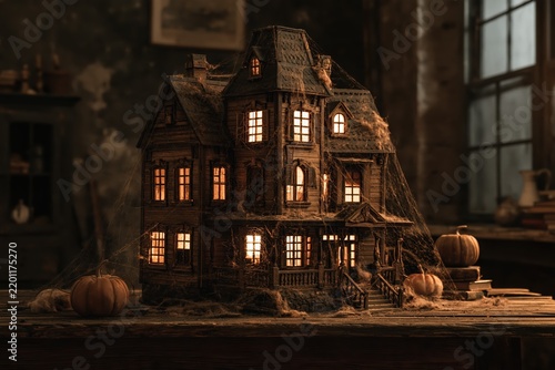A spooky miniature Victorian dollhouse illuminated from within on a rustic wooden table setting