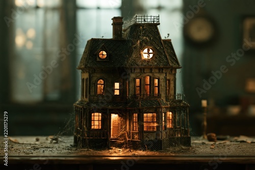 A miniature haunted dollhouse with glowing windows sits on a dusty wooden table in a dark room