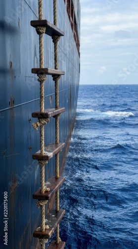 Weathered Pilot Boarding Ladder Hanging on Cargo Ship Hull