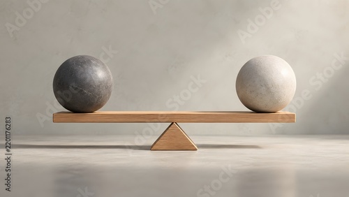 Balanced wooden seesaw with light and dark stone spheres concept of harmony equality and mindful stability in business or life