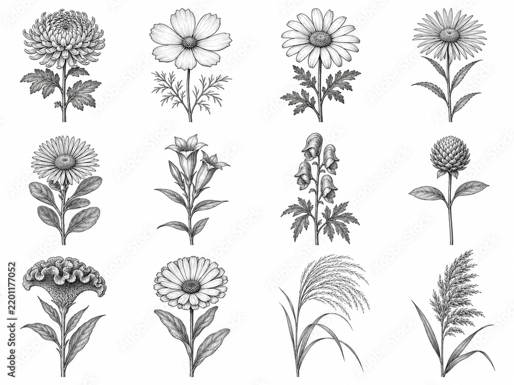Fototapeta premium Autumn flowers and meadow grasses collection. Hand drawn chrysanthemums, cosmos, daisies and wild plants. Vintage black and white botanical illustrations in engraved style, isolated on white 