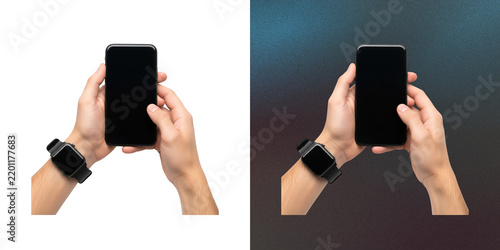 Hands holding black smartphone mockup next to transparent background.