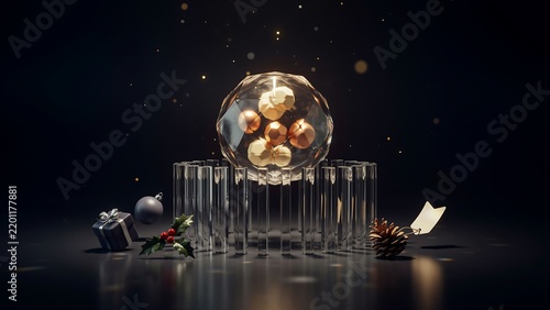 Golden christmas ornaments inside a faceted glass sphere on a crystal stand with pine cones and holly berries on a dark reflective surface