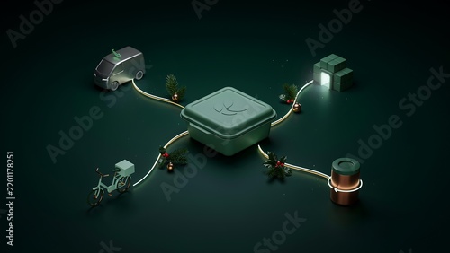 Green gift box in the center connected by glowing lines to a delivery van, a bicycle, a warehouse, and a container on a dark green background