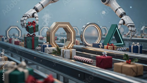 Robotic arms on a factory assembly line placing colorful wrapped gift boxes onto a conveyor belt with glowing geometric shapes during winter