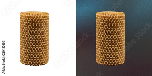 Honeycomb cylinder model with hollow pattern on transparent background.