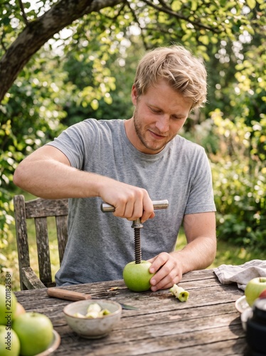 Young Scandinavian man using metal apple corer
