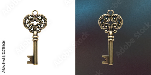 Antique bronze key with ornate filigree heart handle design element.