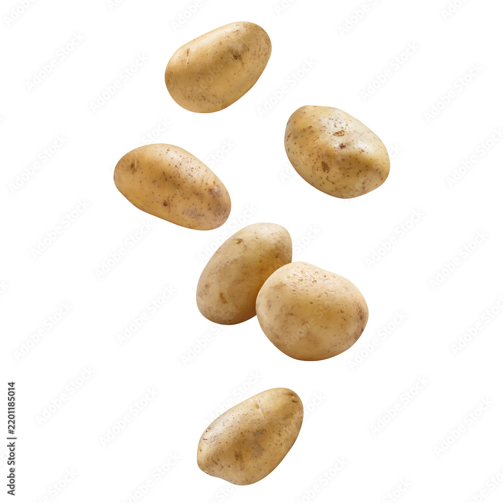 Obraz premium Whole fresh raw potatoes falling, isolated on transparent cutout background