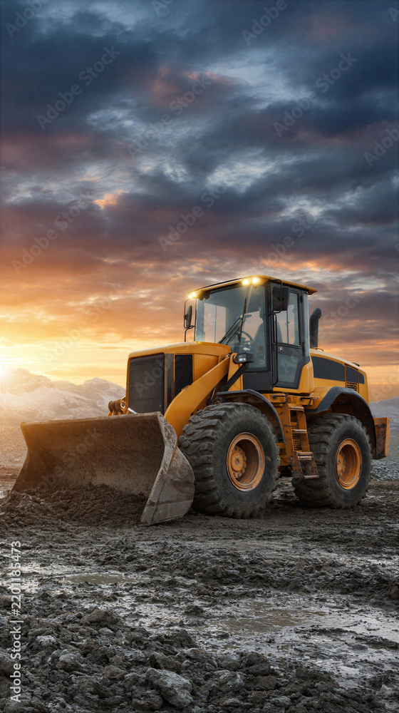 Fototapeta premium Heavy yellow bulldozer with large tires working on muddy ground at sunset
