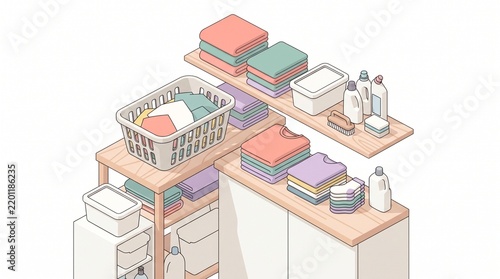 Isometric laundry room organization set with folded clothes and storage baskets on white background