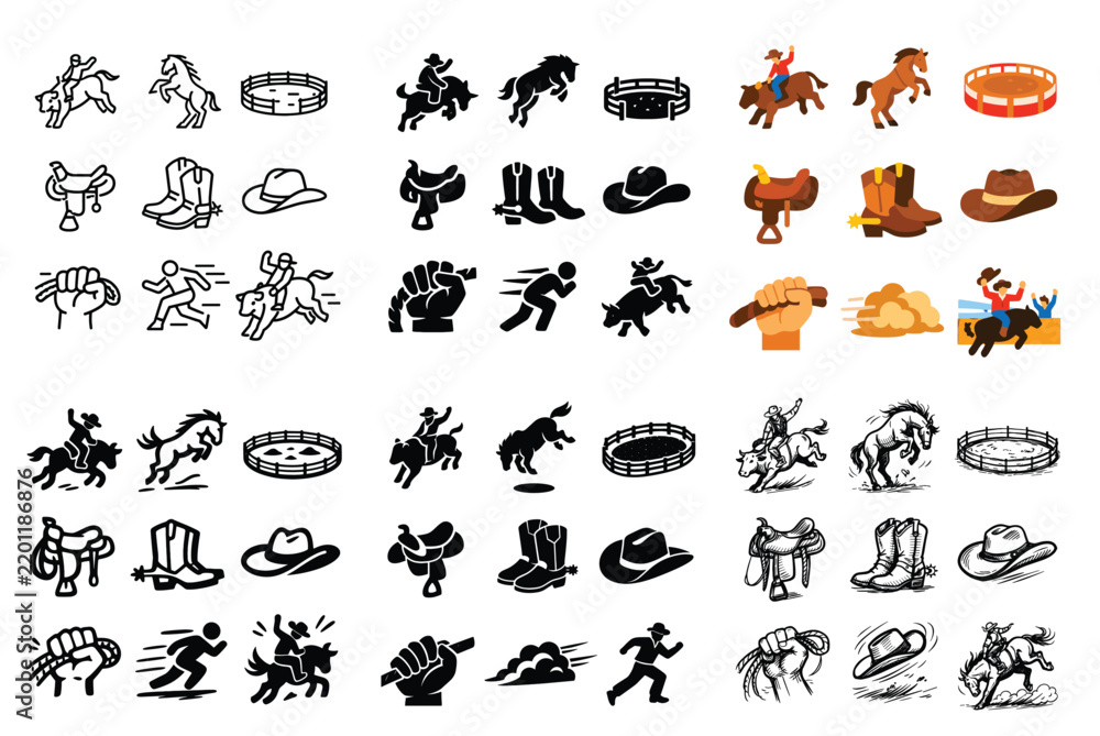 Obraz premium Rodeo and western concept icons with cowboy, horse, and lasso for sports app design in dynamic solid style