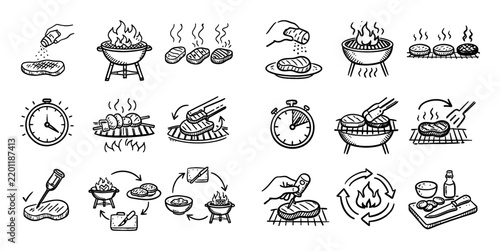 Barbecue process and cooking design icons with timing control food placement and doneness check for presentation in hand-drawn sketch style